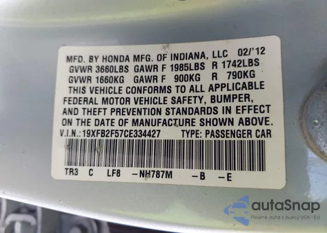 2012 Honda Civic Lx z USA, uszkodzony, nr VIN 19XFB2F57CE334427
